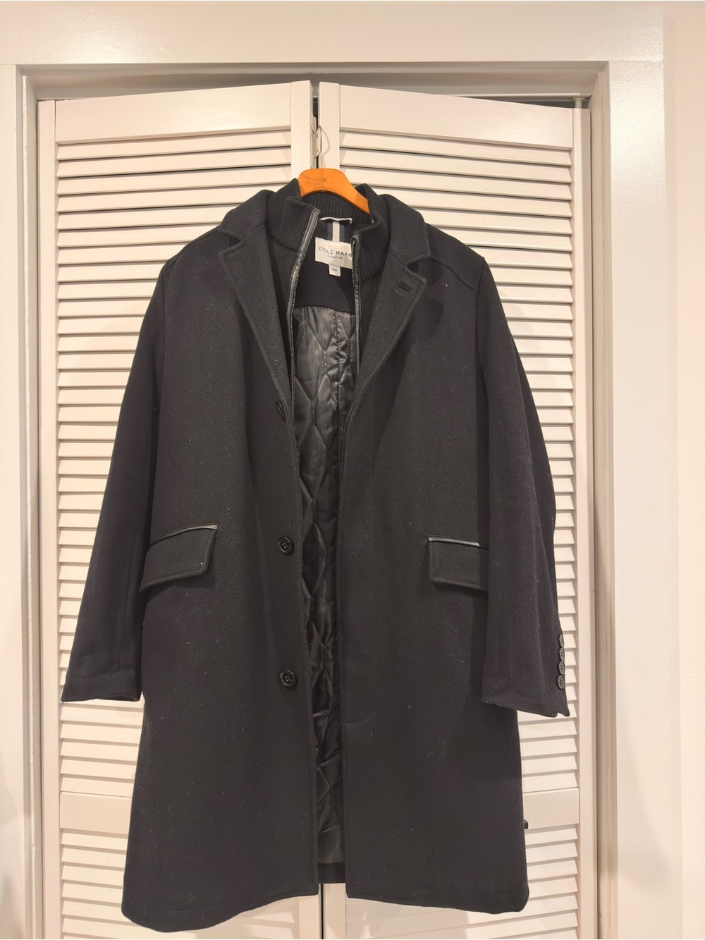 Cole Haan Black Wool Pea Coat with Quilted Lining